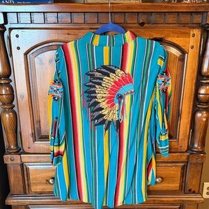 ANDREE BY UNIT Teal Multi-Stripe Shirt with Embroidered Headdress